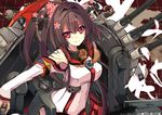  breasts brown_hair cherry_blossoms headgear kantai_collection large_breasts long_hair looking_at_viewer machinery ponytail red_eyes shirokitsune smile solo turret yamato_(kantai_collection) 