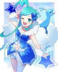  ;) altaria arm_warmers asymmetrical_hair bow choker flat_chest fur_collar gen_3_pokemon green_eyes green_hair hair_bow idol long_hair lucia_(pokemon) midriff navel one_eye_closed ouri pokemon pokemon_(creature) pokemon_(game) pokemon_oras shorts shorts_under_skirt showgirl_skirt side_ponytail sidelocks single_thighhigh skirt smile thighhighs v 