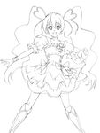  absurdres boots bow choker corset cure_peach earrings fresh_precure! full_body greyscale hair_ornament heart heart_hair_ornament highres jewelry knee_boots lineart long_hair magical_girl momozono_love monochrome nsxnewver precure ribbon skirt smile solo twintails wrist_cuffs 