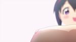  1girl animated animated_gif black_hair blush bouncing_breasts breast_expansion breasts close-up from_below gigantic_breasts hairband huge_breasts maken-ki! nipples open_mouth purple_eyes satou_kimi short_hair smile solo 