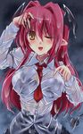  black_bra blush bra breasts demon_tail head_wings koakuma lace lace-trimmed_bra large_breasts long_hair necktie one_eye_closed open_mouth pointy_ears red_hair red_neckwear see-through shirt sketch solo tail touhou underwear untucked_shirt wet wings yamu_(reverse_noise) 