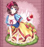  apple arm_support bad_id bad_pixiv_id blue_eyes bow brown_hair character_name checkered checkered_background choker collarbone corset dress flower food frilled_skirt frills fruit hair_bow hair_ribbon kneeling pale_skin puff_and_slash_sleeves puffy_short_sleeves puffy_sleeves ribbon ribbon-trimmed_clothes ribbon_choker ribbon_trim short_hair short_sleeves skirt smile snow_white snow_white_and_the_seven_dwarfs solo wavy_hair wrist_cuffs yuuna_minato 