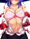 :o animated animated_png arm_behind_back blue_eyes blush bra breasts chestnut_mouth collarbone hat head_out_of_frame lace lace-trimmed_bra large_breasts nagae_iku navel open_clothes open_shirt pink_bra shirt solo sousakubito stomach touhou underwear white_background 