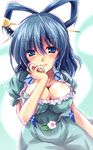  blue_dress blue_eyes blue_hair breasts chin_rest cleavage dress flower hair_ornament hair_rings hair_stick kaku_seiga large_breasts light_smile lips looking_at_viewer puffy_short_sleeves puffy_sleeves short_sleeves simple_background sketch solo touhou upper_body yamu_(reverse_noise) 