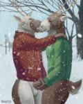  2018 anthro antlers balls bottomless butt cervine clothed clothing duo erection eyes_closed fur handjob horn kissing male male/male mammal multicolored_fur open_mouth outside partially_clothed penis penis_grab reindeer rinzy sex signature snow snowing standing sweater tongue tongue_out tree two_tone_fur vein white_balls 