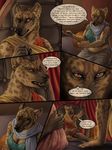  black_nose breasts brown_fur canine claws clothed clothing comic dialog ear_piercing english_text female fur hookah hyena mammal paws piercing pillow red_lantern_the_crimson_divine rukis spots text 
