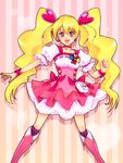  blonde_hair boots bow choker collaboration corset cure_peach earrings fresh_precure! full_body hair_ornament heart heart_hair_ornament highres jewelry knee_boots long_hair magical_girl momozono_love nsxnewver pink_background pink_choker pink_eyes pink_footwear pink_skirt precure ribbon skirt smile solo striped striped_background twintails vertical-striped_background vertical_stripes way_(manjonme) wrist_cuffs 