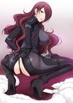  ass black_gloves black_panties blush bodysuit breasts cameltoe evoker framed_breasts gloves hair_over_one_eye high_heels kirijou_mitsuru komori_kei large_breasts long_hair panties persona persona_3 persona_4:_the_ultimate_in_mayonaka_arena red_eyes red_hair shiny shiny_clothes solo squatting thong underwear 