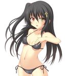  arm_behind_back bare_shoulders bikini black_bikini black_hair blush breasts cross cross_hair_ornament hair_ornament hand_on_own_chest heterochromia highres long_hair looking_at_viewer minatsuki_nao navel one_side_up open_mouth original red_eyes side-tie_bikini small_breasts solo swimsuit white_background yellow_eyes 