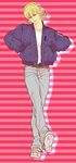  barnaby_brooks_jr blonde_hair blue_jacket bomber_jacket cosplay denim hands_in_pockets jacket jeans keith_goodman keith_goodman_(cosplay) male_focus mamemo_(daifuku_mame) pants shoes sneakers solo tiger_&amp;_bunny 