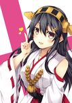  bare_shoulders black_hair brown_eyes hair_ornament hairclip haruna_(kantai_collection) heart index_finger_raised japanese_clothes kantai_collection kouji_(campus_life) long_hair nontraditional_miko open_mouth ribbon-trimmed_sleeves ribbon_trim solo 