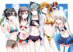  ball beachball bikini black_hair blonde_hair braid can enomoto_takane green_hair innertube kagerou_project kido_tsubomi kisaragi_momo kozakura_marry long_hair maiori_00 multiple_girls navel red_eyes side_ponytail silver_hair smile swimsuit tateyama_ayano water_gun 