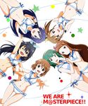  absurdres bikini black_hair blue_eyes blue_hair brown_eyes brown_hair earrings fang futami_mami ganaha_hibiki green_eyes green_hair groin hagiwara_yukiho hair_ribbon hairband highres holding_hands hoop_earrings idolmaster idolmaster_(classic) jewelry kisaragi_chihaya locked_arms looking_at_another microphone midriff minase_iori multiple_girls navel one_eye_closed open_mouth otonashi_kotori ponytail purple_eyes red_eyes ribbon sailor_bikini sailor_collar sailor_swimsuit_(idolmaster) side_ponytail star swimsuit tokiani 