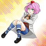  1girl beelzebub_(manga) blush coat creature dog doll green_eyes lamia_(beelzebub) necktie pink_hair shoes short_hair skirt socks 
