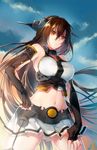  black_hair brown_eyes cloud elbow_gloves fingerless_gloves gloves groin hair_between_eyes hairband kantai_collection long_hair midriff nagato_(kantai_collection) navel sky solo tenkuu_sphere very_long_hair 