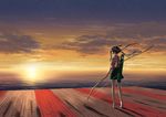  arrow bow_(weapon) brown_hair hachimaki headband hiryuu_(kantai_collection) japanese_clothes kantai_collection looking_at_viewer quiver short_hair smile socks solo sunset weapon yonasawa 