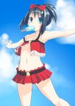  armpits black_hair blush bosshi bow child flat_chest food hair_ribbon kunihiro_hajime miniskirt mouth_hold navel outstretched_arms popsicle revealing_clothes ribbon saki skirt solo spread_arms 