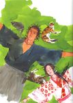  1girl absurdres cat closed_eyes from_above highres japanese_clothes lying miyamoto_musashi otsu scan smile takehiko_inoue traditional_media vagabond 