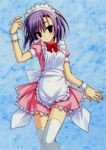  :&lt; absurdres apron blush bow bowtie brown_eyes dreamparty highres maid maid_headdress muririn purple_hair short_hair solo thighhighs white_legwear wrist_cuffs zettai_ryouiki 