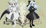  aikawa_razu albino blue_hair dress half_updo len long_hair melty_blood multiple_girls pantyhose pointy_ears red_eyes ribbon silver_hair tsukihime very_long_hair white_hair white_len 