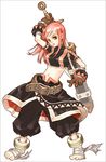  barefoot belt copyright_request gloves long_hair maggi midriff navel pink_hair solo sword weapon yellow_eyes 