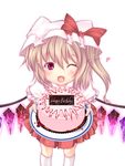  birthday blonde_hair blood cake fang flandre_scarlet food happy_birthday hat heart highres kiyomin one_eye_closed one_side_up pastry ponytail red_eyes short_hair solo touhou wings 