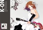  back bare_shoulders blush brown_eyes brown_hair don't_say_&quot;lazy&quot; dress guitar hirasawa_yui instrument k-on! looking_back ranguage short_hair solo ushi_niku 