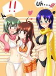  3girls bikini bikini_pull blue_hair blush brown_hair embarrassed english front-tie_top green_eyes green_hair hidaka_mai idolmaster idolmaster_(classic) idolmaster_dearly_stars idolmaster_relations long_hair mole mole_under_mouth multiple_girls na-ru otonashi_kotori ponytail red_eyes scarf shared_scarf short_hair shy side-tie_bikini swimsuit yoshinaga 