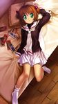  antenna_hair bed bed_sheet brown_hair card cardcaptor_sakura change_(clow_card) child clow_card green_eyes hair_bobbles hair_ornament jump_(clow_card) kinomoto_sakura lying lying_card mutsuki_(moonknives) on_back ribbon school_uniform shadow_(clow_card) sheet_grab short_hair short_twintails socks solo tomoeda_elementary_school_uniform twintails white_legwear wide-eyed 