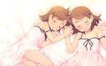  brown_hair child chinchickrin closed_eyes flipped_hair futami_ami futami_mami hair_bobbles hair_ornament holding_hands idolmaster idolmaster_(classic) multiple_girls siblings side_ponytail sisters sleeping strap_slip twins 