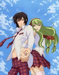 1girl bad_id bad_pixiv_id black_hair c.c. code_geass couple green_hair hands hetero holding holding_hands lelouch_lamperouge lion_(macross_frontier) long_hair midriff navel necktie open_clothes open_shirt parody plaid purple_eyes shirt skirt thighhighs wadumi yellow_eyes 
