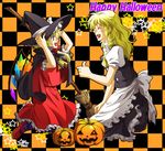  :d ^_^ apron black_footwear black_skirt black_vest blonde_hair borrowed_garments braid broom checkered checkered_background closed_eyes english flandre_scarlet flat_chest frilled_sleeves frills from_side halloween hand_on_headwear hands_up happy happy_halloween hat headwear_switch jack-o'-lantern kirisame_marisa kneehighs long_hair looking_at_another mikage_(mikazuki_no_koufuku) multiple_girls no_hat no_headwear open_mouth pantyhose profile puffy_short_sleeves puffy_sleeves pumpkin red_eyes red_footwear red_skirt red_vest shoes short_hair short_sleeves side_braid skirt skirt_set smile star striped striped_legwear thighhighs thumbs_up touhou turtleneck vest waist_apron wings witch_hat 