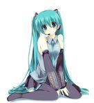  blue_eyes blue_hair hatsune_miku headphones kinoko long_hair solo thighhighs very_long_hair vocaloid 