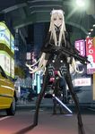  ahoge blonde_hair blue_eyes bodysuit city energy_sword goggles gun kfc kozaki_yuusuke lightsaber long_hair long_legs night skin_tight solo star_wars sword urban very_long_hair weapon 