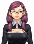  bad_id bad_pixiv_id breasts cleavage cozy glasses green_eyes large_breasts lips original purple_hair solo tsurime twintails 