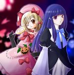  2girls beret blonde_hair blue_hair candy dress frederica_bernkastel hat lambdadelta lollipop long_hair multiple_girls pearl pearls pink_dress pumpkin purple_eyes ribbon short_hair umineko_no_naku_koro_ni violet_eyes wink yellow_eyes 