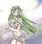  bandages blood breasts c.c. cleavage code_geass facial_mark forehead_mark frown green_hair large_breasts long_hair meimi_k naked_bandage nude scar sketch solo underboob undressing wind yellow_eyes 