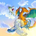  alternate_form bad_id bad_pixiv_id charizard cloud day dragon eevee fang_out flying gen_1_pokemon gen_3_pokemon gen_4_pokemon no_humans pokemon pokemon_(creature) riding riolu shaymin siraio sky smile sunlight tsurime 