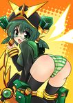  ass ditienan_ddn glasses green_eyes green_hair hat kamen_rider kamen_rider_kuuga kamen_rider_kuuga_(series) panties short_twintails solo striped striped_panties thighhighs twintails underwear 