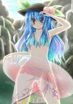  bikini blue_bikini blue_hair blush day food fruit hat highres hinanawi_tenshi imachi innertube long_hair moss peach print_sarong red_eyes sarong solo swimsuit touhou translucent_sarong water white_sarong 