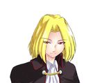  ascot blonde_hair closed_mouth collar grey_background looking_at_viewer male_focus melty_blood red_eyes simple_background smirk solo teipa tsukihime wallachia 