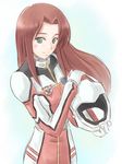  bad_id bad_pixiv_id christina_mackenzie green_eyes gundam gundam_0080 helmet long_hair pilot_suit red_hair satogo smile solo 