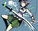  alternate_costume bad_id bad_pixiv_id glowing glowing_eyes green_eyes hairband hitodama katana konpaku_youmu konpaku_youmu_(ghost) ribbon shirt short_hair sketch solo sword touhou un-known_(ninesix) weapon 