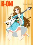  brown_eyes brown_hair glasses guitar instrument japanese_clothes jumping k-on! kimono long_hair niwatori_kokezou short_kimono solo typo yamanaka_sawako 