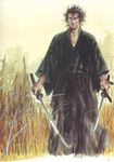  absurdres blood dual_wielding highres holding katana male_focus miyamoto_musashi scan solo sword takehiko_inoue traditional_media vagabond weapon 