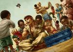  6+boys barefoot cape chun-li dark_skin dark_skinned_male dutch_angle food headband indian_style ken_masters male_focus multiple_boys multiple_girls muscle pantyhose ryuu_(street_fighter) sagat short_hair simulex sitting street_fighter translated vega zangief 