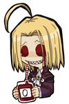  ahoge blonde_hair blood cape chibi faust_(greymon) male_focus melty_blood pun red_eyes smile solo tsukihime vampire wallachia 