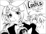  1girl brother_and_sister greyscale headphones kagamine_len kagamine_rin lowres monochrome siblings takasuna_akira twins vocaloid 