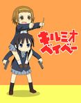  akiyama_mio bangs black_hair blunt_bangs brown_hair carrying drumsticks dual_wielding gun hairband holding k-on! kill_me_baby kimineri long_hair multiple_girls parody pun school_uniform shoulder_carry tainaka_ritsu title_parody translated weapon 