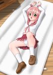  air_mattress akinojo blush breasts covered_nipples green_eyes highres kobayakawa_yutaka lucky_star panties pantyshot pink_hair pink_neckwear ryouou_school_uniform school_uniform serafuku shoes skirt small_breasts socks solo underwear 